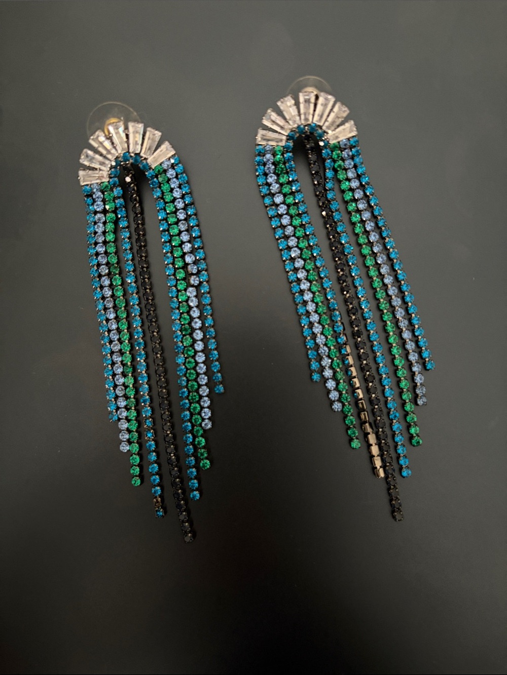 Multicolor Crystal Fringe Drop Earrings - Blue & Green